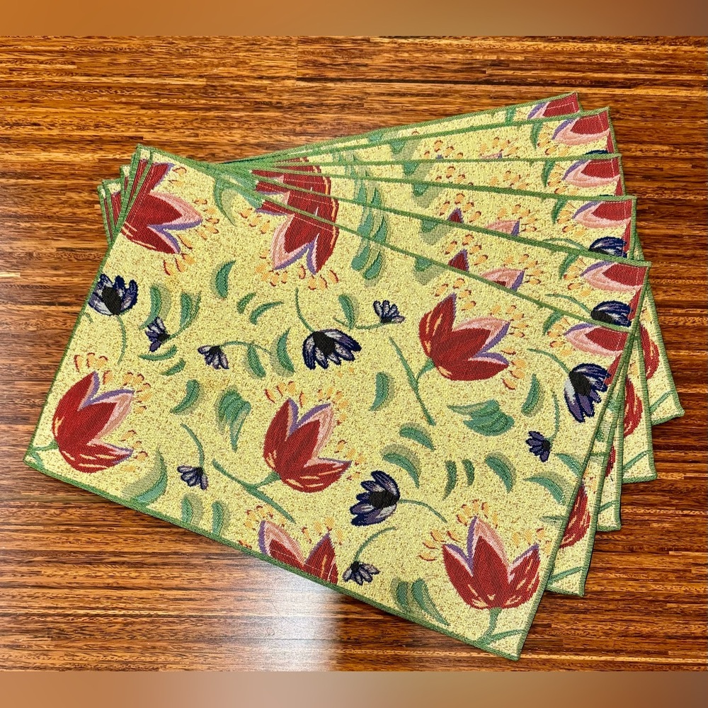 Vintage 80s 90s woven tapestry placemats tulip pattern. Set of 6